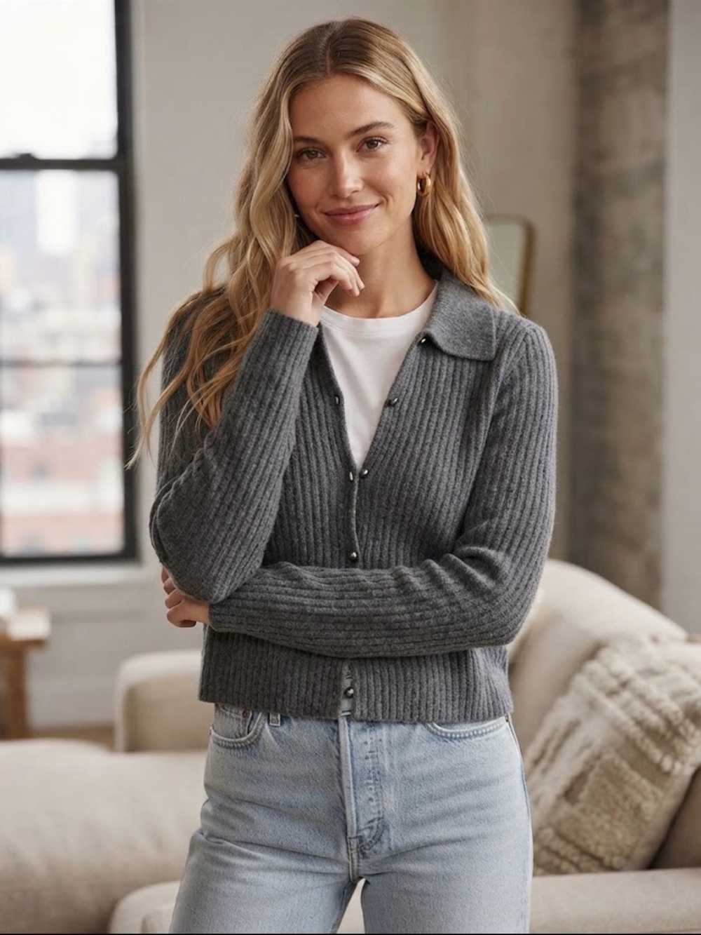 NWT A&F  Ribbed Pearl Button-Front Cropped Sweater Cardigan, L (Juniors)